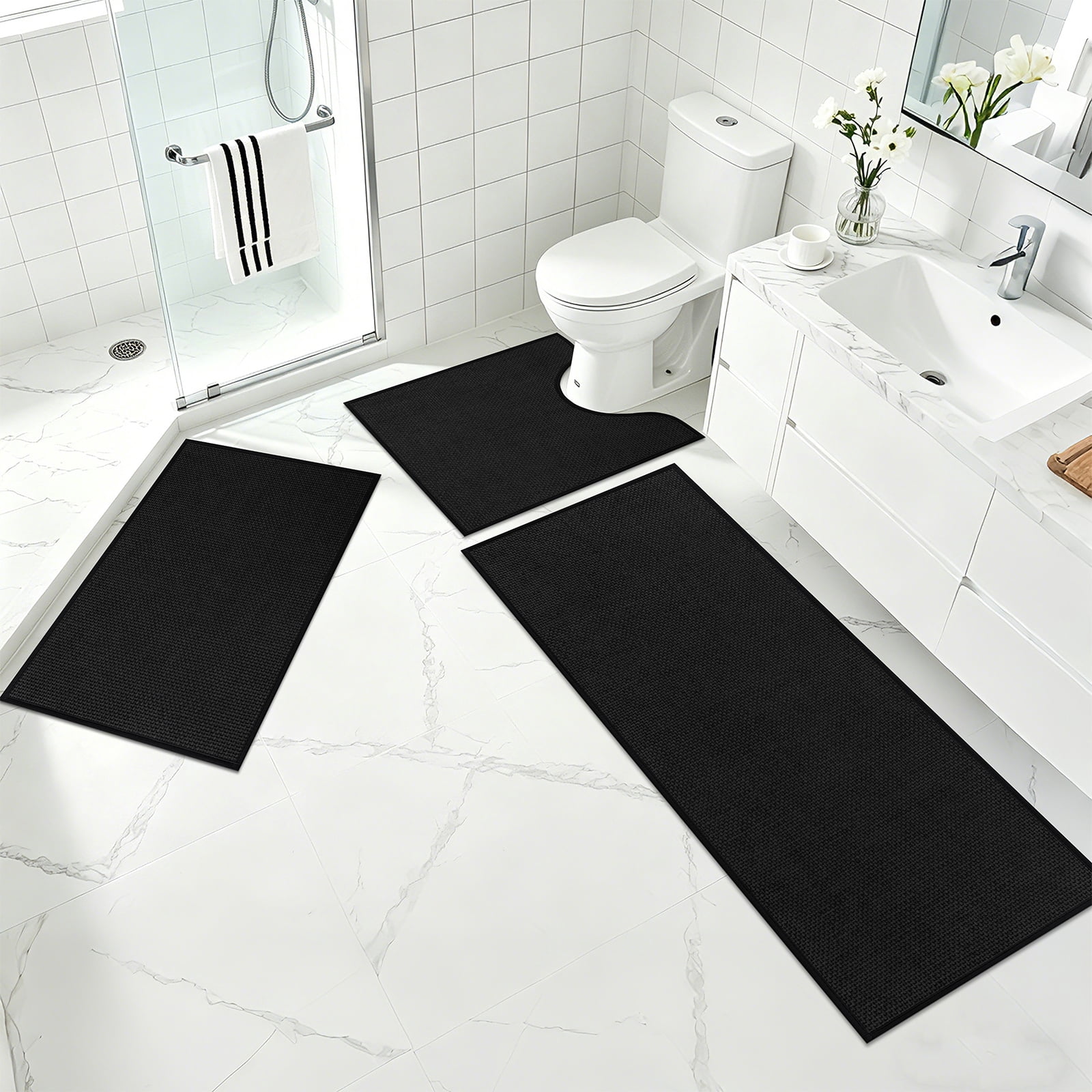 Ileading 3pcs Bathroom Rugs Set with U-Shaped Mat, Non Slip, Soft, Absorbent Bath Mats for Tub, Shower, Toilet 18"x26"+18"x48"+U Shape 20"x24" Black