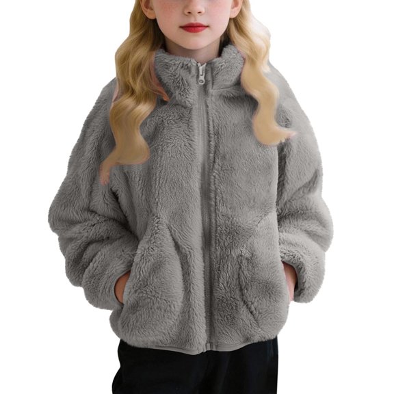 PINQI Girls Fuzzy Coats Full Zip up Soft Thick Warm Fleece Jackets Kids Plain Winter Padded Plush Outwear with Pockets