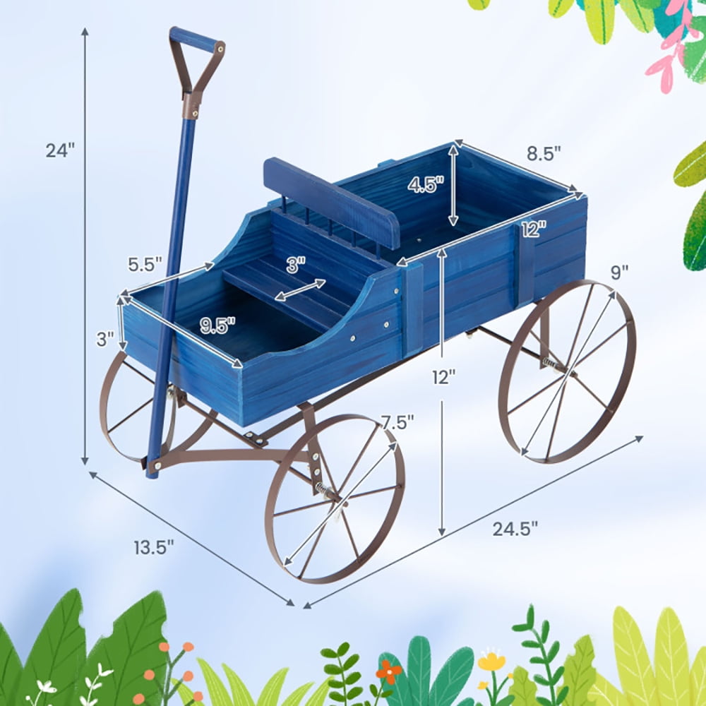 Resenkos Raised Planter Boxes, Large Space Elevated Flower Beds,Wooden Wagon Plant Bed with Metal Wheels for Garden Yard Patio-Blue