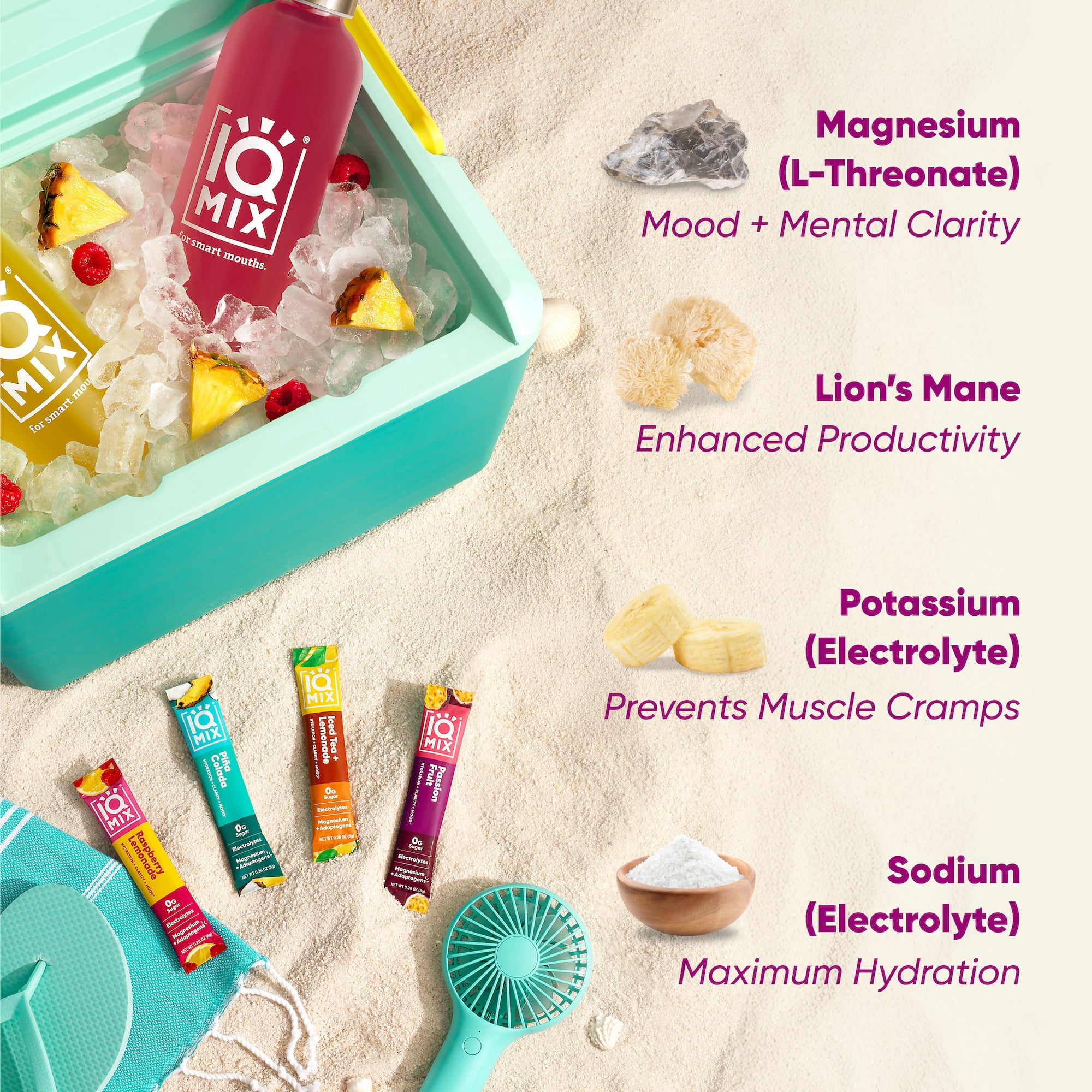 IQMIX Sugar Free Electrolytes Powder Packets - Hydration Supplement Drink Mix with Keto Electrolytes, Lions Mane, Magnesium L-Threonate, and Potassium Citrate - New Vacation Variety Pack (20 Count)