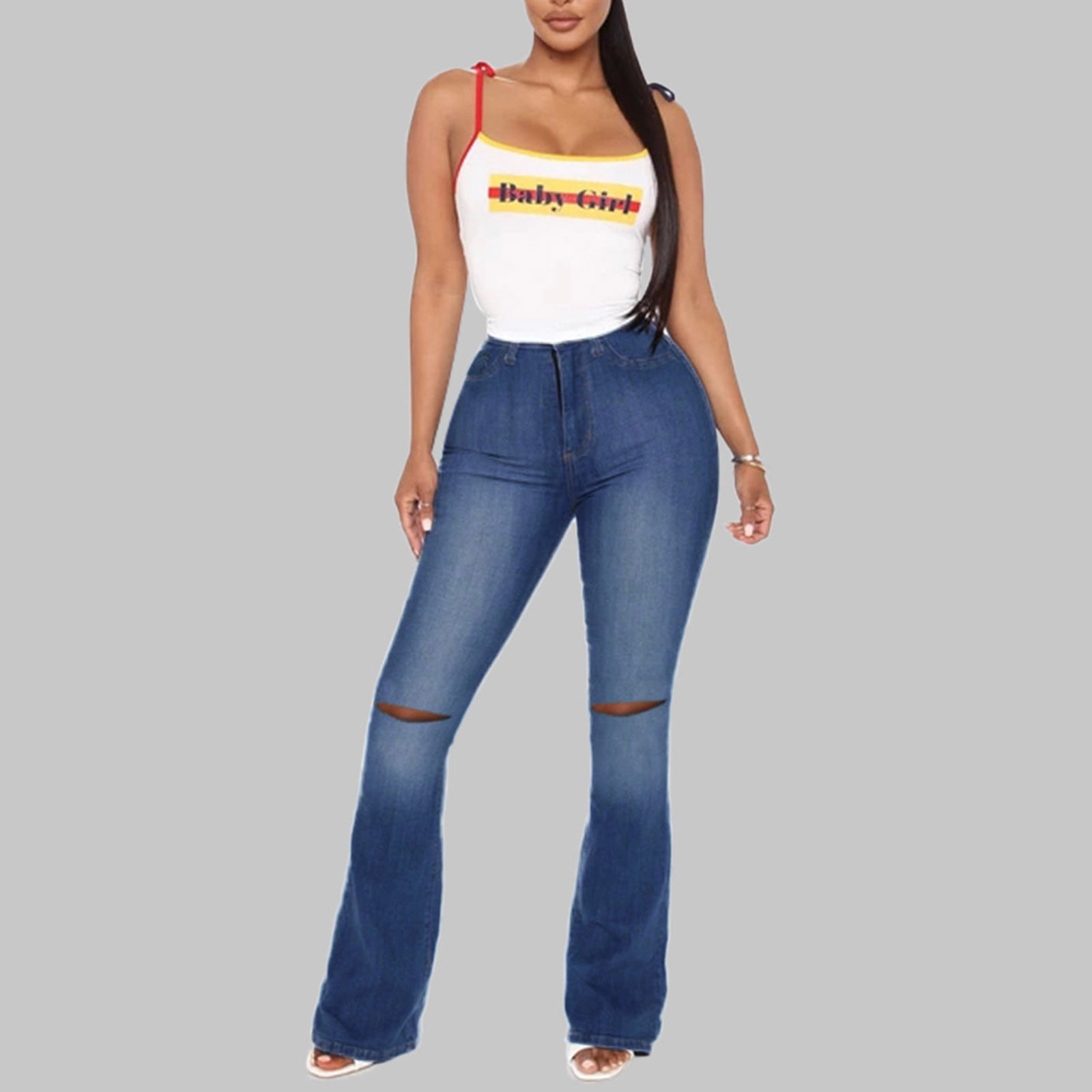 YOTAMI Womens Denim Jeans Mid Rise Stretch Ripped Denim Jeans Clothing