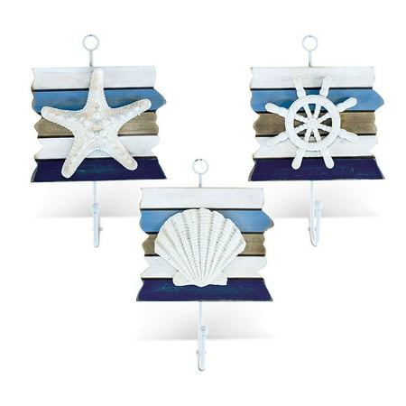 Nautical Designs - Nautical Decor Wall Hook Set - Starfish, Shell, and Steering Wheel Design