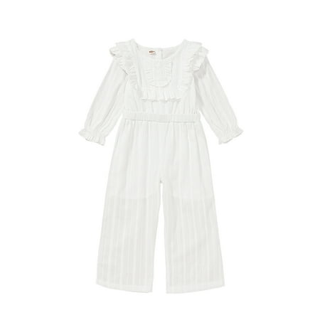 

OLLUISNEO 6-7 Years Little Girls Jumpsuit Long Sleeves Round Neck White Romper