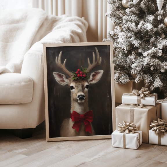 Festive Reindeer Print | Christmas PRINT Wall Art | Holiday Digital Art Print | Seasonal Home Decor | Deer with Bow Oil Painting, 24x36 UNFRAMED