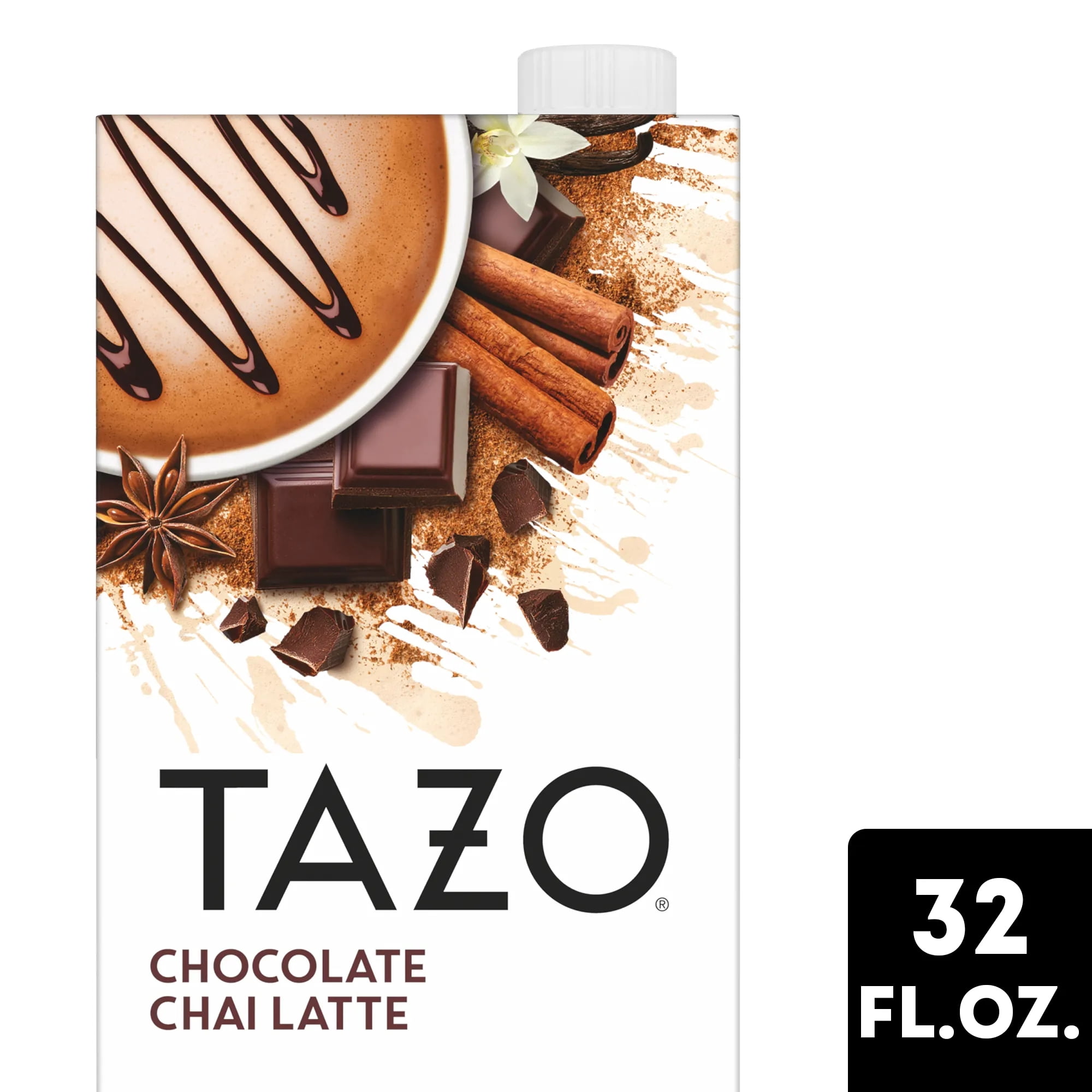 (6 pack) TAZO Chocolate Chai Tea Latte, Flavored Black Tea Concentrate, Easy to Serve Café-Style Lattes, Caffeinated, Hot or Iced Chocolate Tea, 32oz  Carton