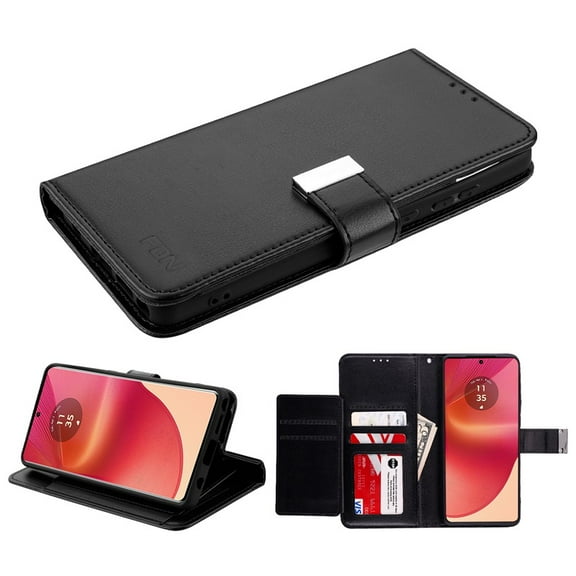 Leather Wallet Folio Case with Credit Card Holder Multiple Slots Dual Flap Pouch Cover for Motorola Moto G Stylus 5G (2024) - Black / Black