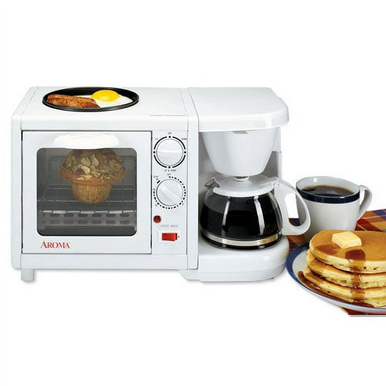 Aroma 3-in-1 Mini Toaster Oven + Coffee Maker Griddle Machine, ABT-103 W,  White