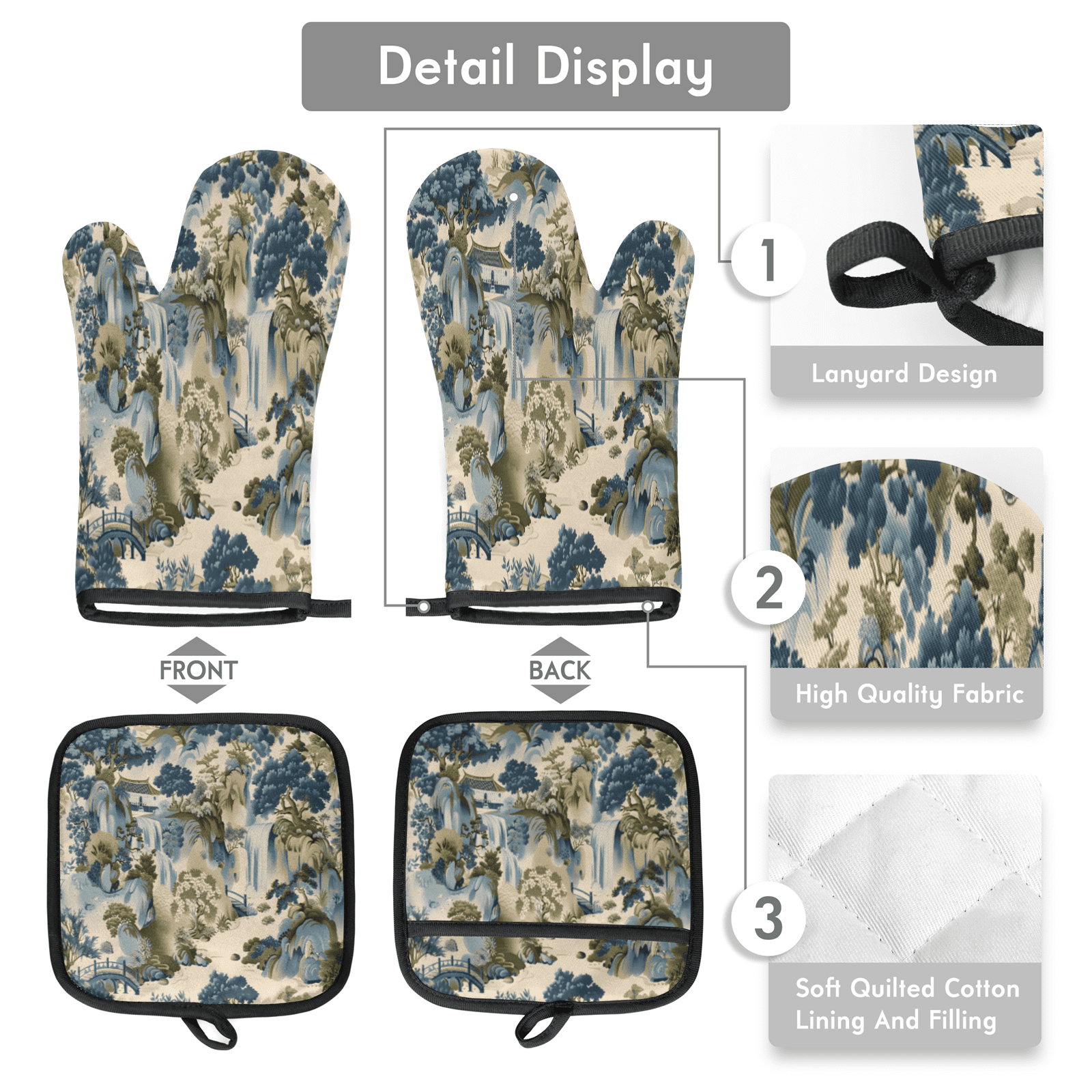 CURLYOOT Japanese Print Traditional Oven Mitts and Pot Holders Sets of 2, Non-Slip Washable Hot Pads and Oven Gloves for Kitchen Cooking Baking