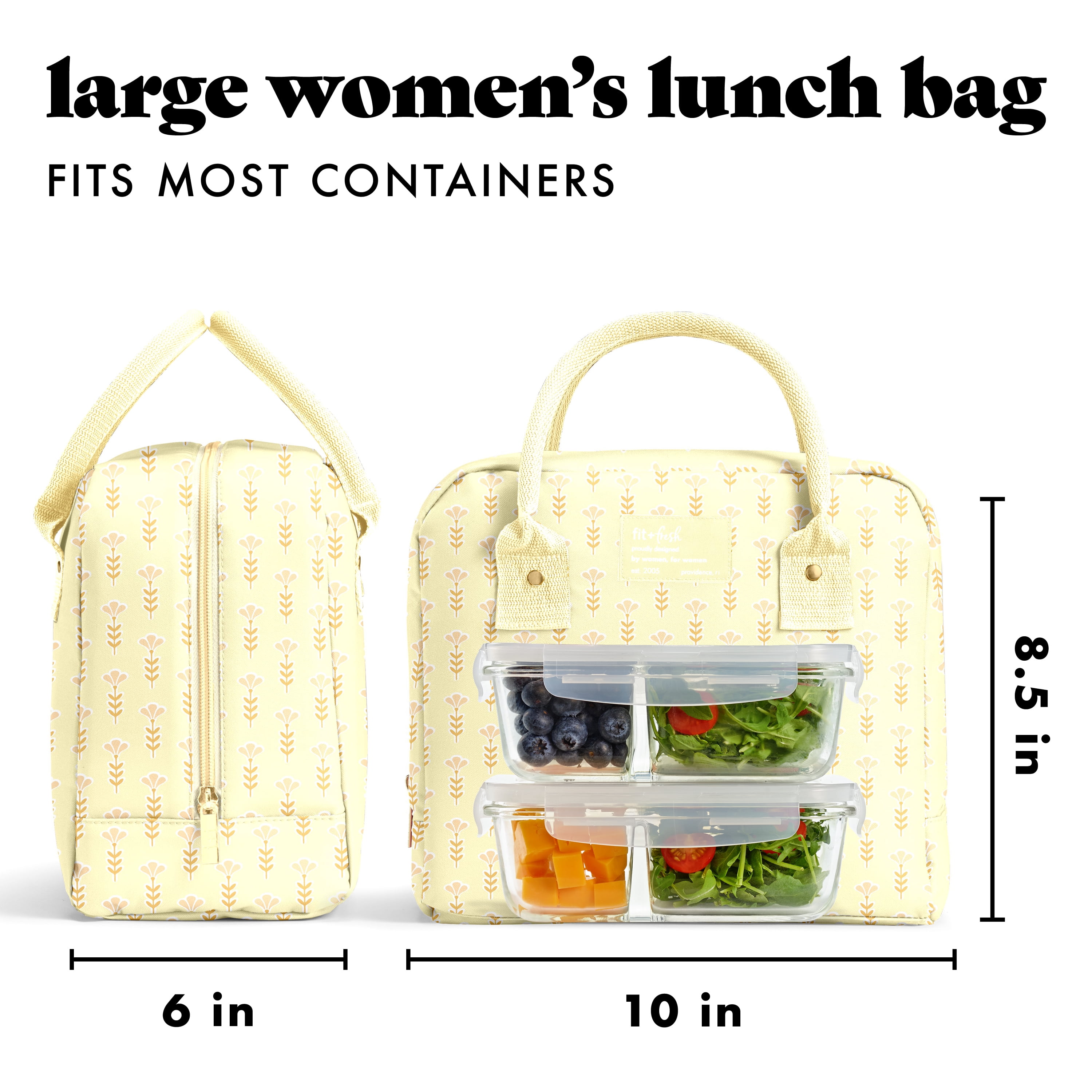 Fit + Fresh Bloomington Womens Lunch Bag, Insulated Lunch Box With Containers, Yellow Tiny Flowers
