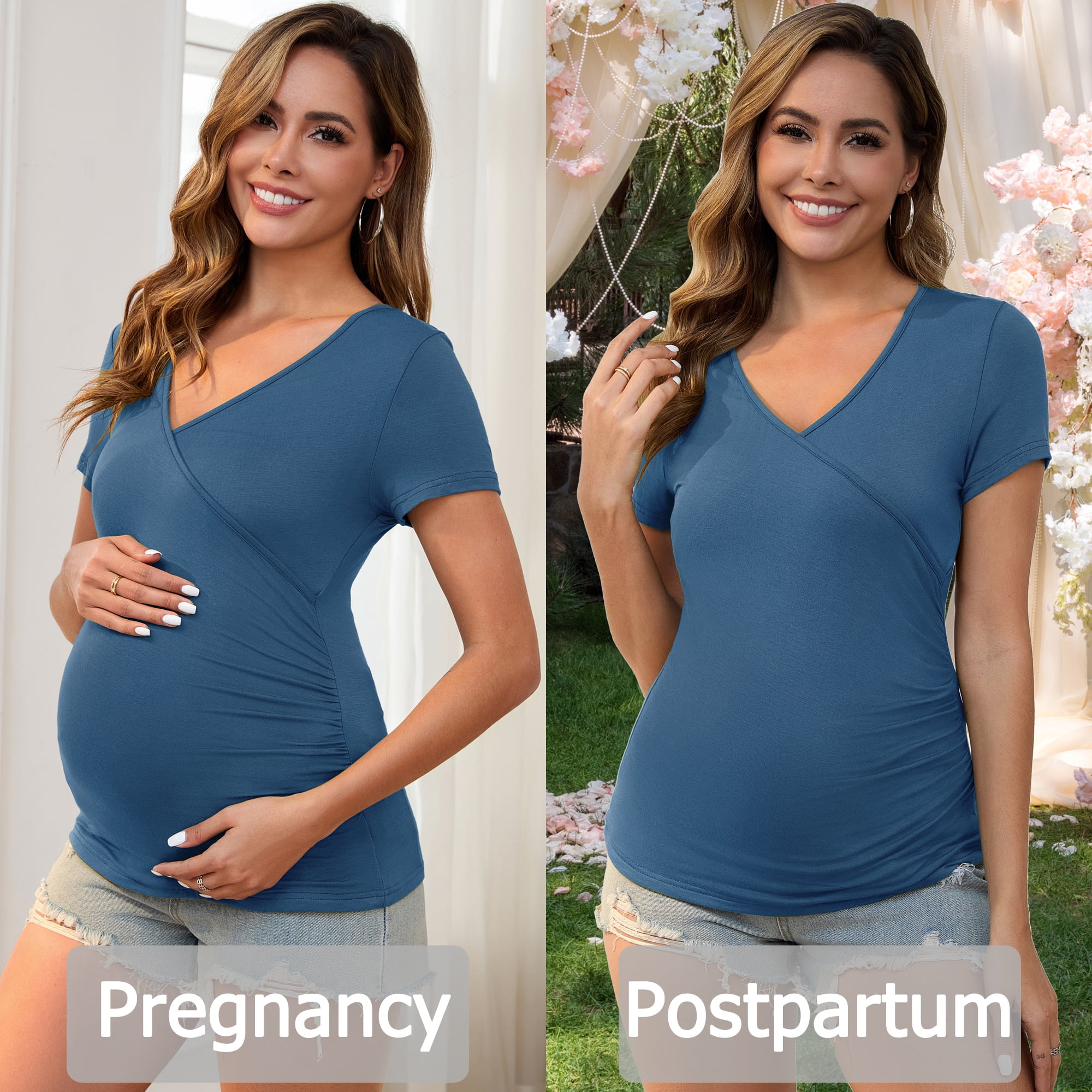 DARING DIVA Women's 2 Packs Ruched V Neck Maternity Nursing Blouse XL Black&Blue