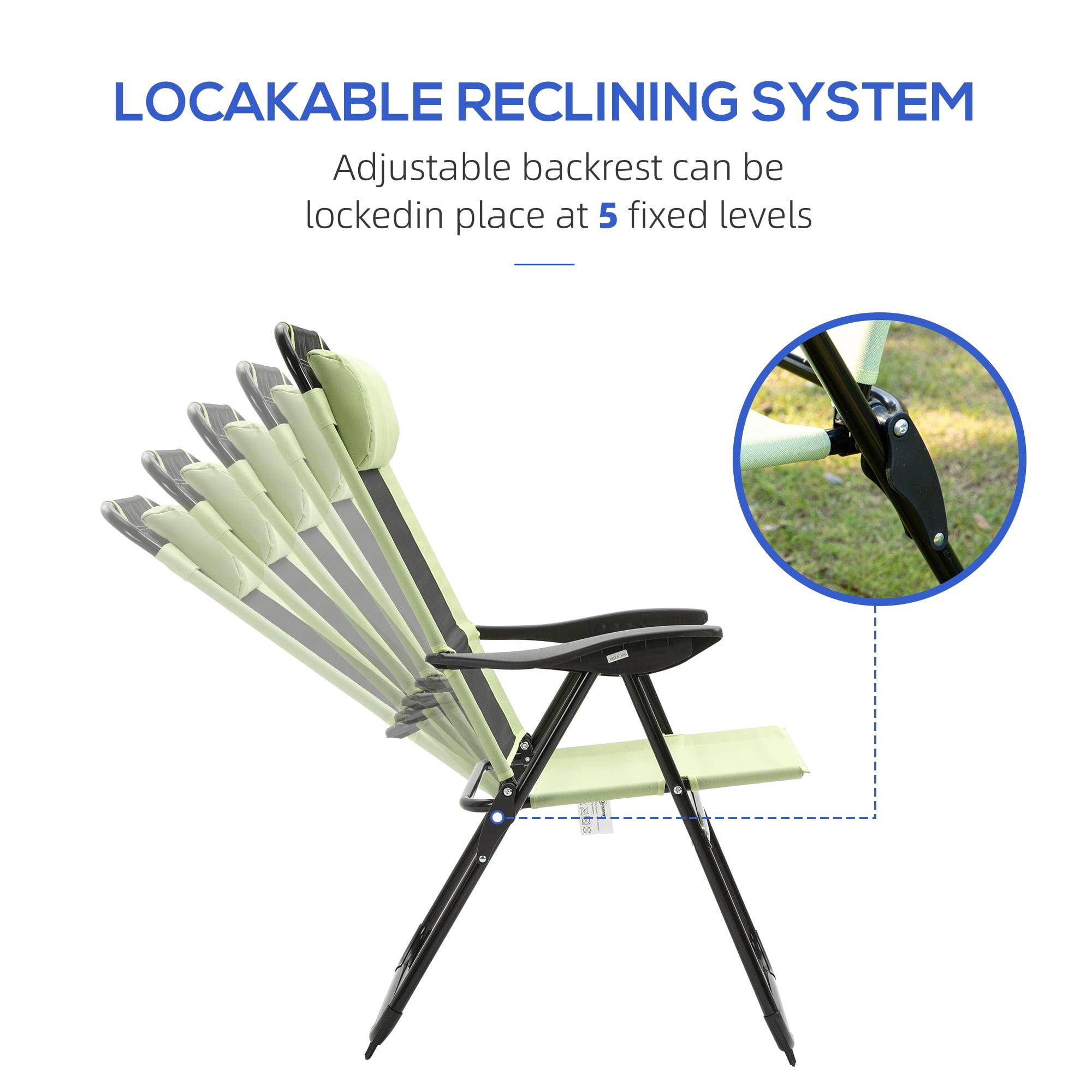 Folding Patio Chairs Set of 2, Outdoor Deck Chair with Adjustable Sling Back, Camping Chair with Removable Headrest for Garden, Backyard, Lawn, Green