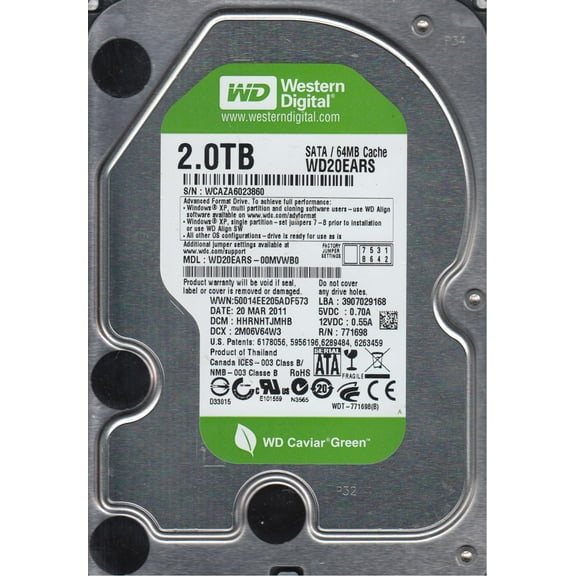 WD20EARS-00MVWB0, DCM HHRNHTJMHB, Western Digital 2TB SATA 3.5 Hard Drive