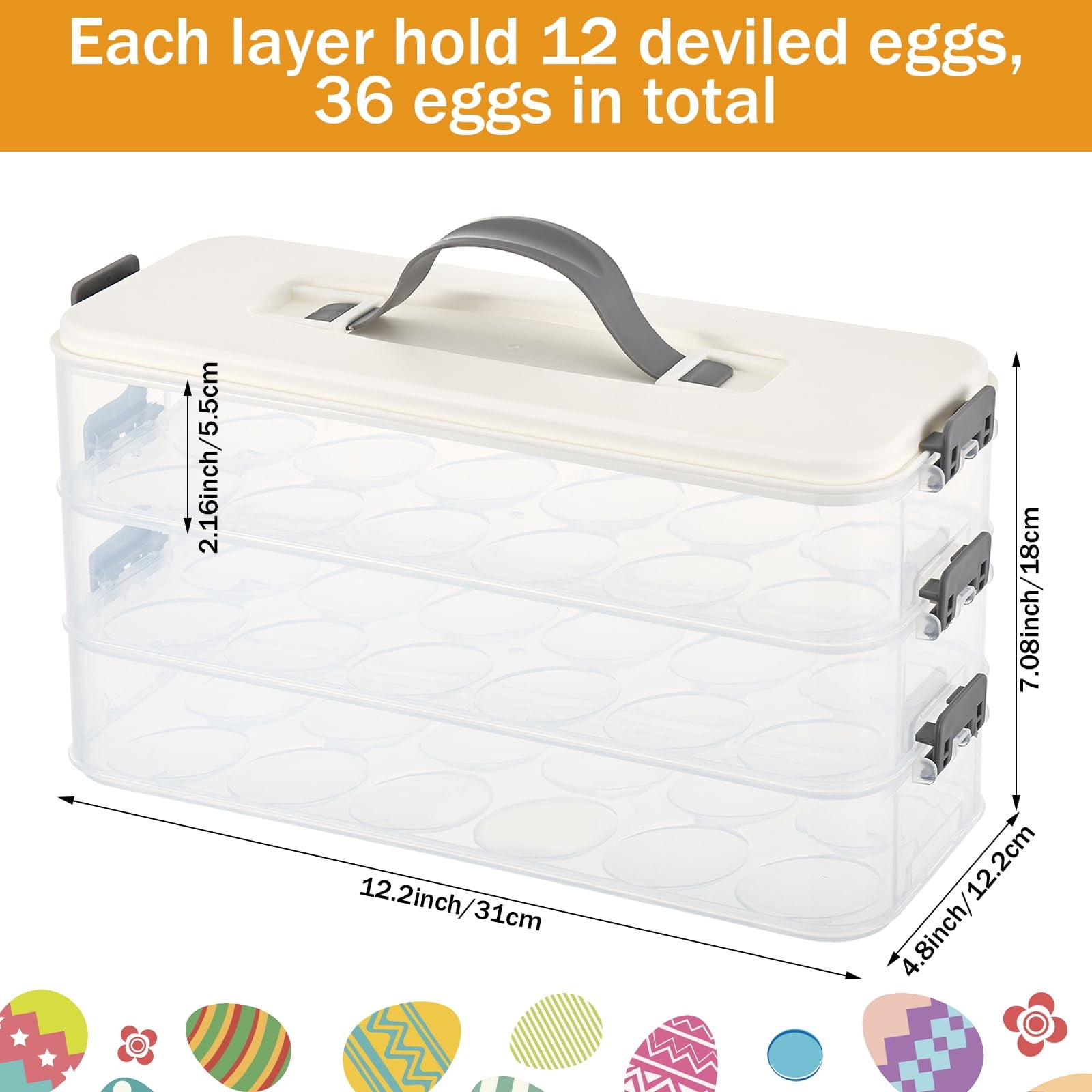 weibbin Stackable Deviled Egg Container 3 Tier Clear Plastic Carrier with Lid for 36 Eggs