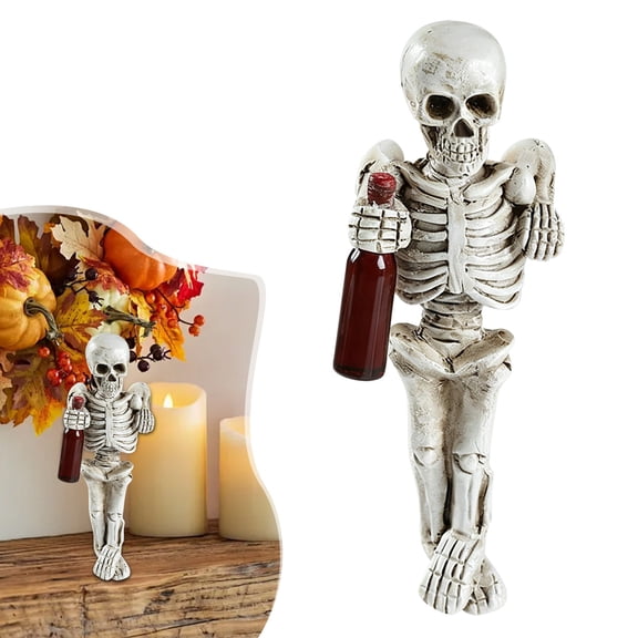 7.5 Inch Resin Halloween Skeleton Figurine Holding Wine Bottle, Funny Gothic Skeleton Statue, Desktop Ornament for Mantel Shelf Table Centerpiece Halloween Party Home Decor