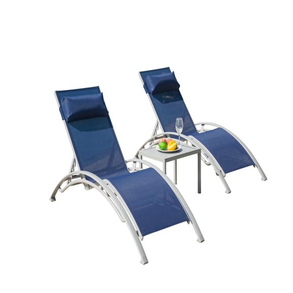 3 Piece Patio Chaise Lounge Set, Aluminum Patio Recliner with Coffee Table Blue