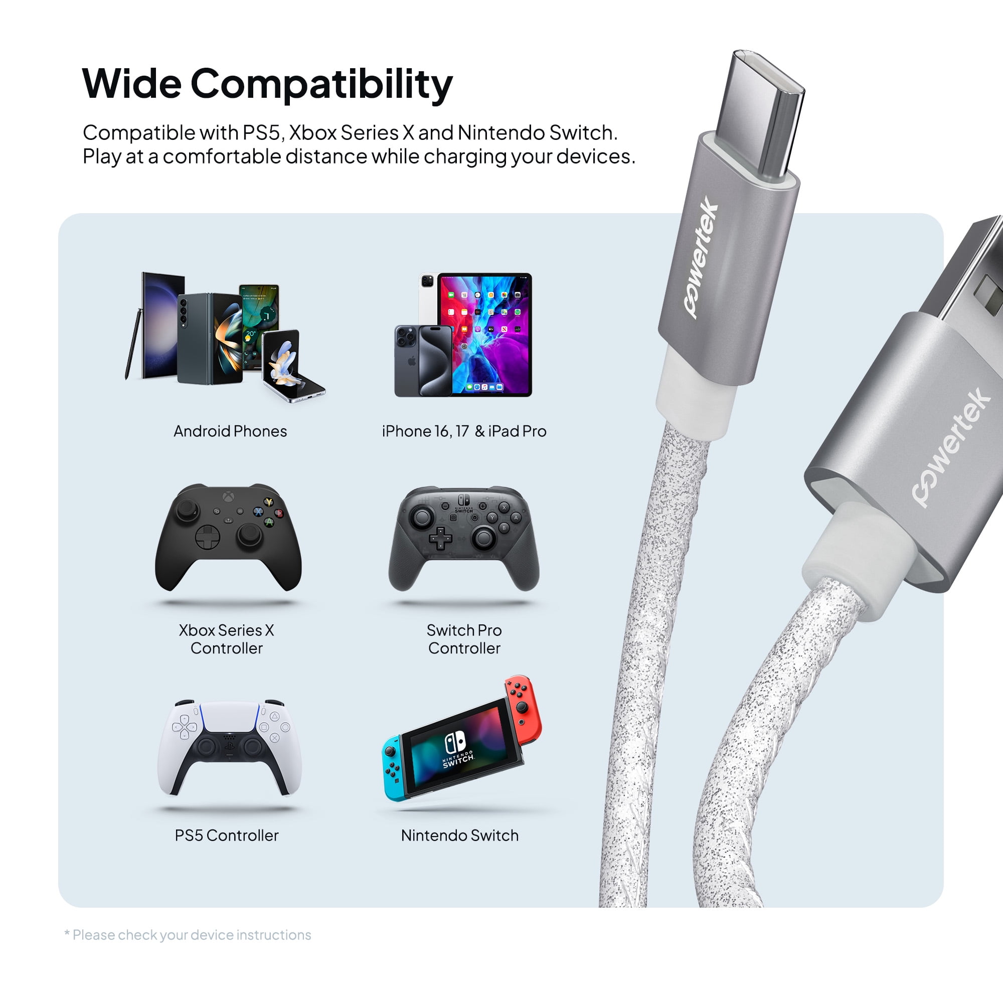 Powertek USB-A to USB-C Cable, Fast Charging Type-C Charger Cord, Durable Tangle-Resistant Sync Cable, White Glitter, 6FT