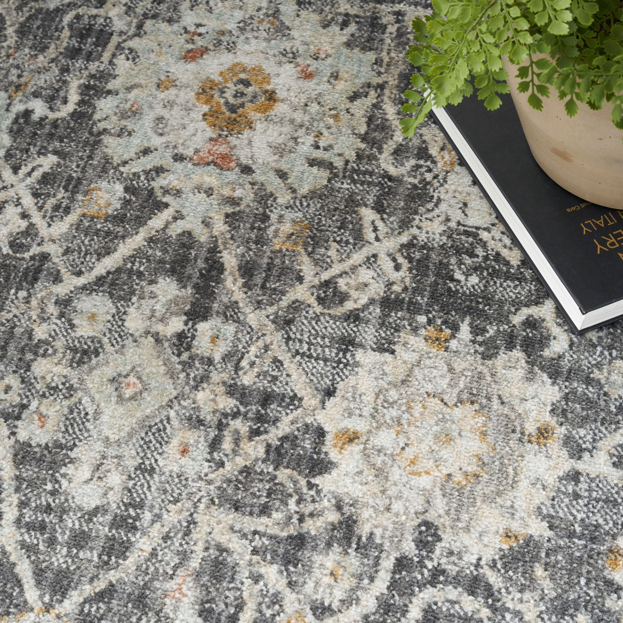 Nourison Oushak Home 4' x Round Charcoal Vintage Indoor Rug