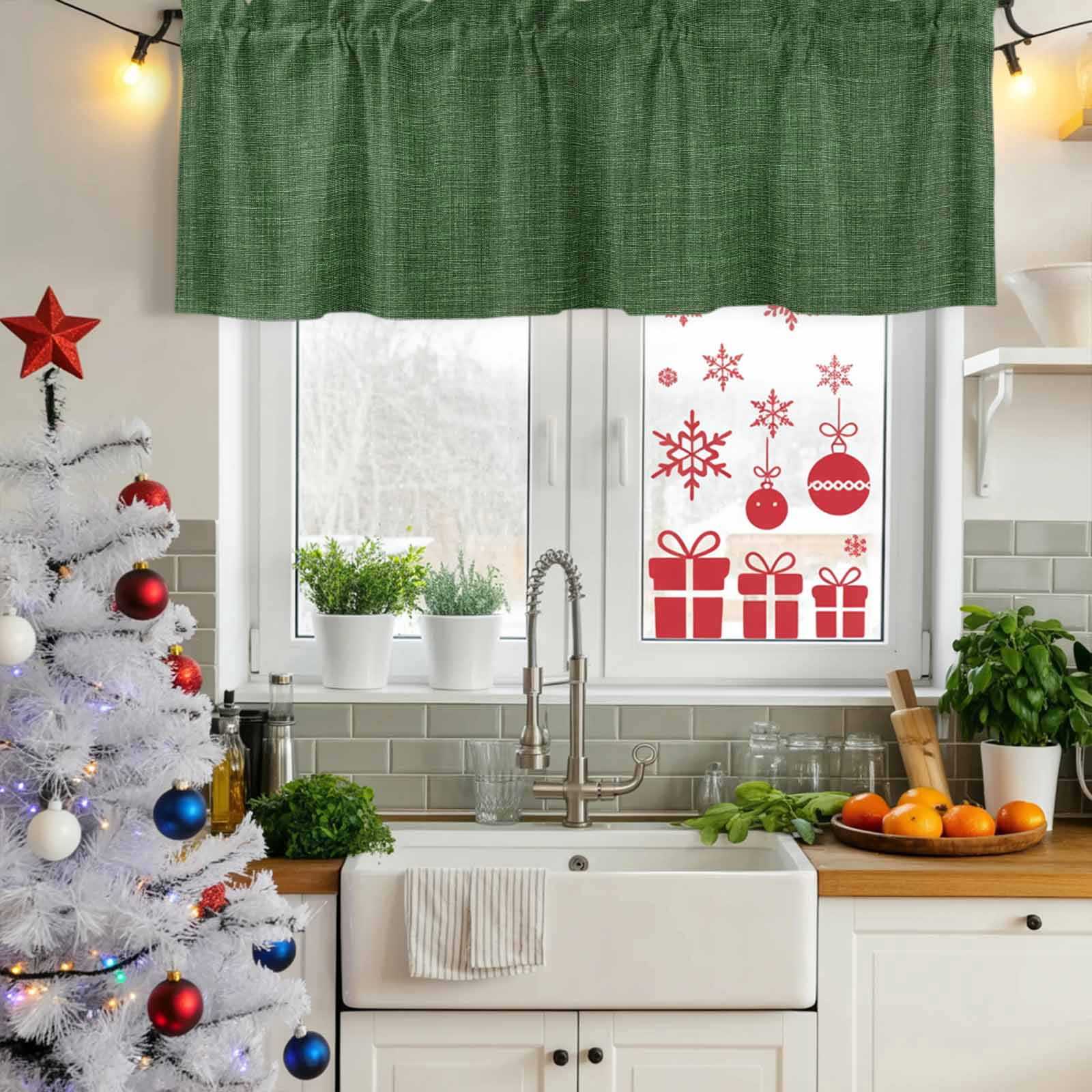 Valances for Windows, Dark Green Burlap Texture Kitchen Curtains Valances 2 Pack for Living Room Bedroom Bathroom, Farmhouse Vintage Green Light Filtering Curtains Rod Pocket Valance 42"x12"