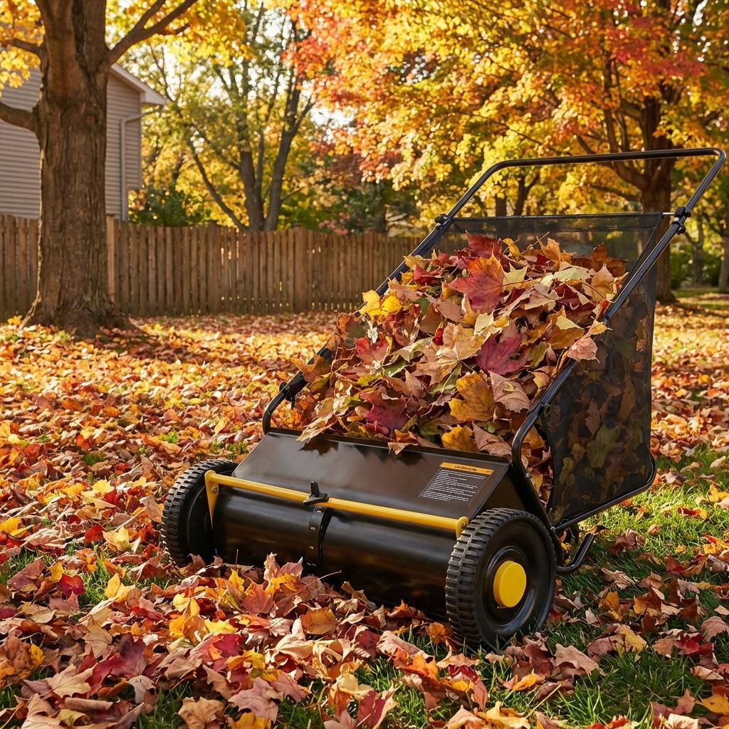 26 in Heavy Duty Push Lawn Sweeper with 4 Fast Spinning Brushes - Lawn Sweeper for Leaf and Grass Collector, Yard Cleanup - Leaf Picker Upper Machine b