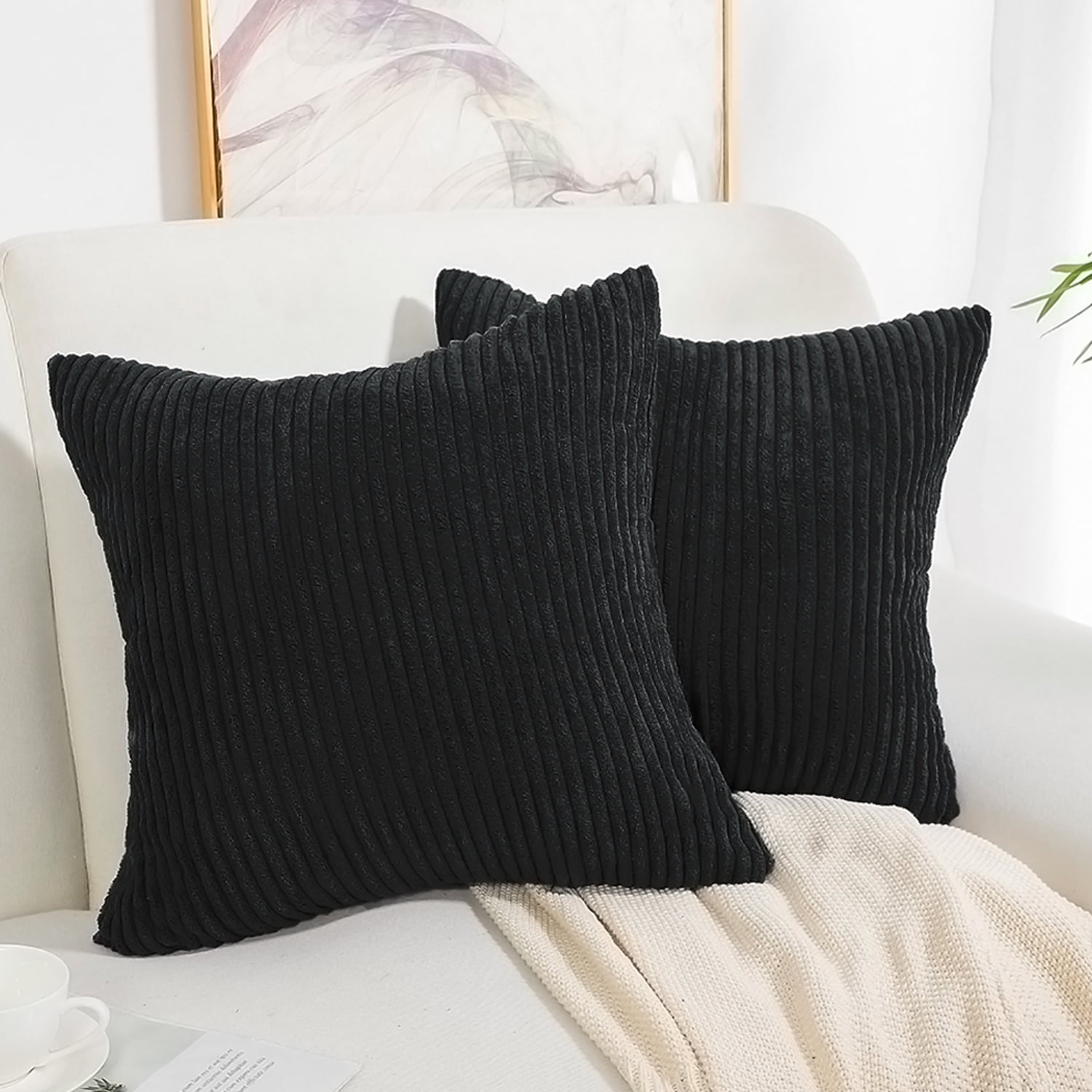 2Pcs Ivory White Throw Pillows Covers Shells Corn Soft Corduroy Striped 18 x 18" 