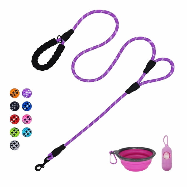 VOZRELS Dog Leash Heavy Duty 6ft, Double Handle Dog Leash with Padded Handle for Traffic Control, Reflective Rope Leashes for Large and Medium Dogs Control Safety Training at Night (Purple)