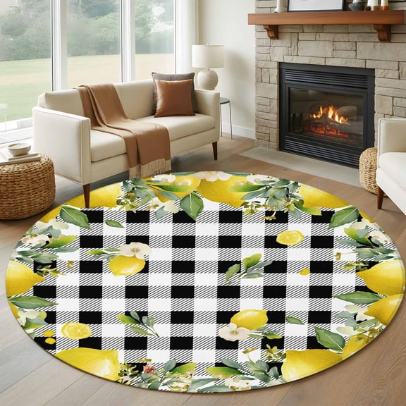 Round Rugs 5Ft, Lemon Farmhouse Round Area Rug Washable Indoor Throw Carpet, Summer Fruit Botanical Black Checked Soft Non Slip Circle Rug for Cabinet Bathroom Home Decor Aesthetic