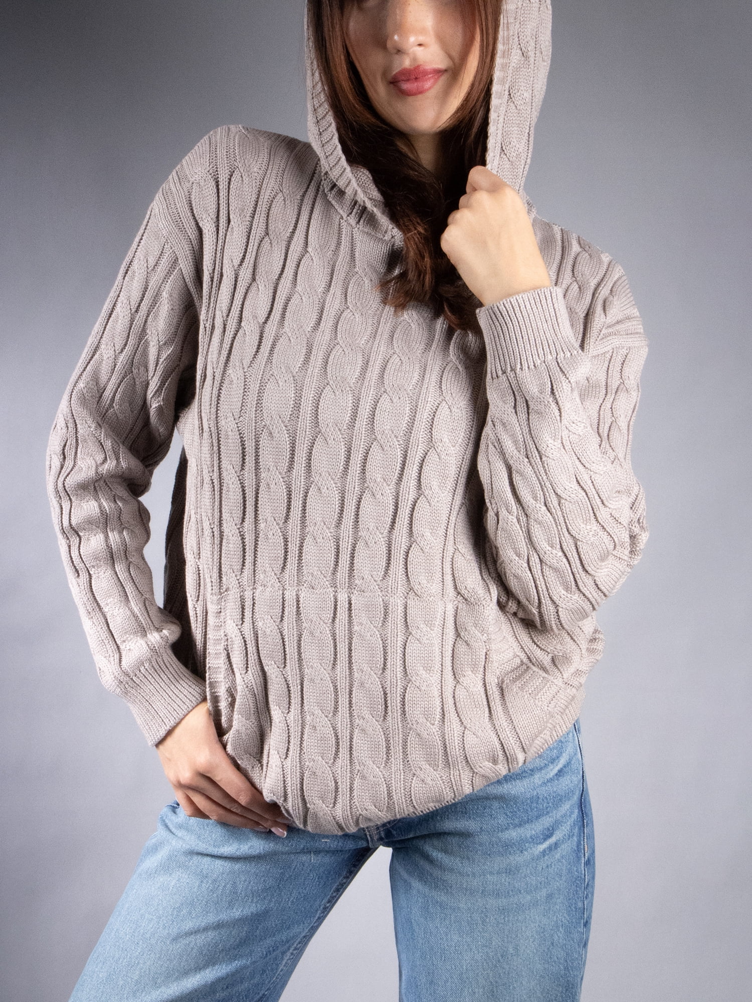 DARING DIVA Women's Stylish Oversized Cable Knit Hooded Sweater M Fossil Gray