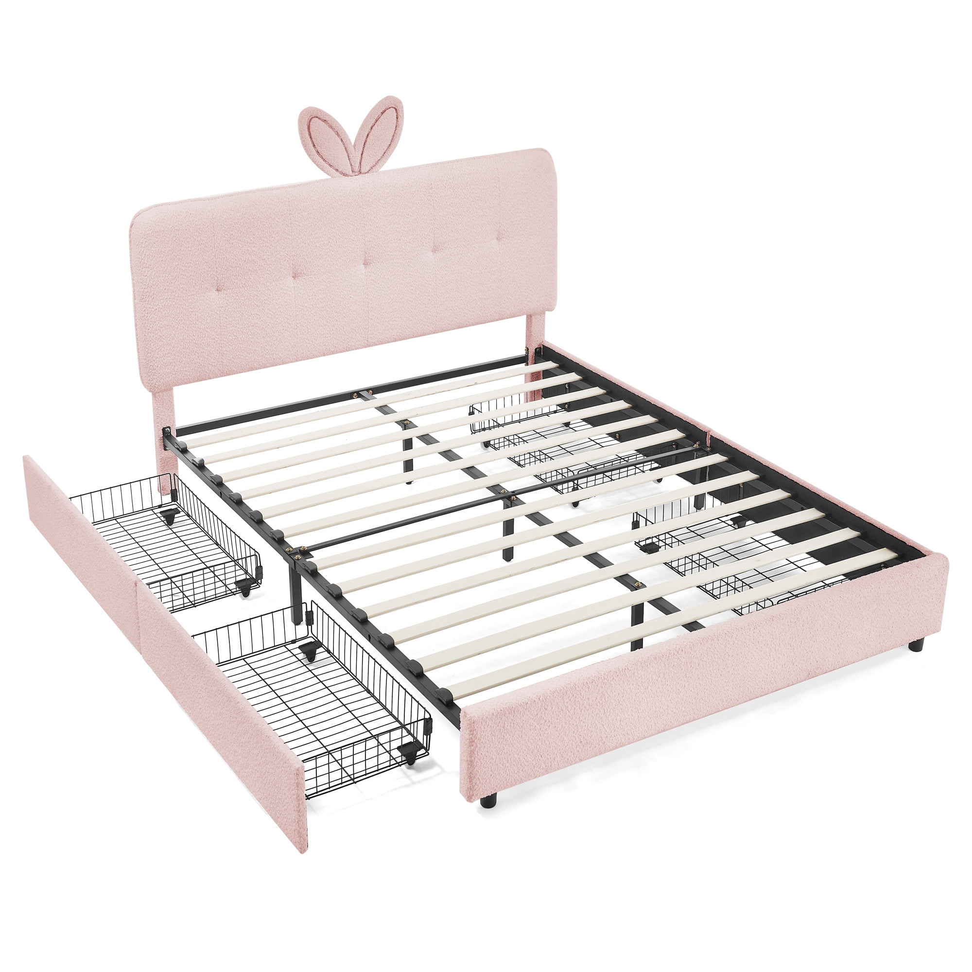 Full Size Kids Bed with LED Lights and 4 Storage Drawers, Upholstered Boucle Bed Frame with Oversized Rabbit Ear Headboard, Platform Bed for Kids Bedroom, Pink
