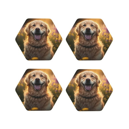 

Fuzoiu Sunset Daisy Dog Print Leather Coasters Set Drink Coasters Set of 4 for Tabletop Protection Durable PVC Coasters Home Décor and Housewarming Gift-Hexagon