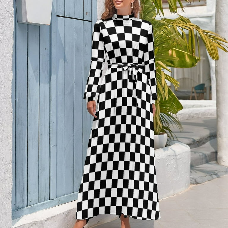 black white checkered Long Dress dresses with long sleeves clothes for  women Party dresses - Walmart.com
