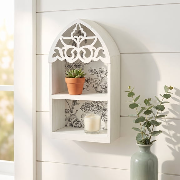 Artistic Wood Wall Shelf French Quatrefoils Precise Carved Decorative Display Shelf for Home Wall Art and Storage White
