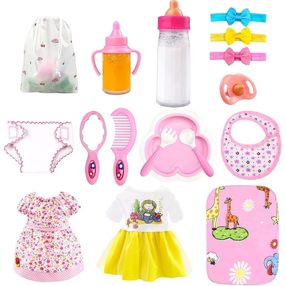 16 Pcs Baby Doll Accessories, Baby Doll Clothes and Accessories 3-5 Year Old, Baby Doll Feeding and Caring Set with Doll Diapers, Magic Bottle, Birthday Gifts Baby Doll for 2 3 4 Year Old Girls