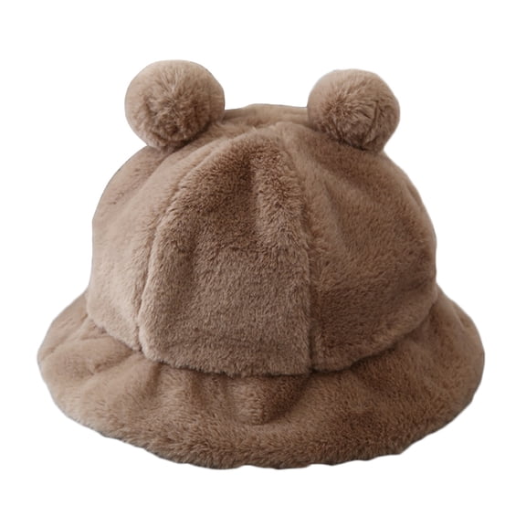Bucket Hat Trendy Lightweight Outdoor Cute Pompom Bear Ears Winter Fuzzy Warm Thick Plush Cloche Fisherman Cap Headwear