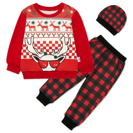 

SYNPOS 6M-4T Toddler Infant Baby Boy Fall Winter Clothes Kids Cartoon Elk Crewneck Casual Sweatshirt Tops + Plaid Pants + Hat Christmas 3PCS Outfits Set