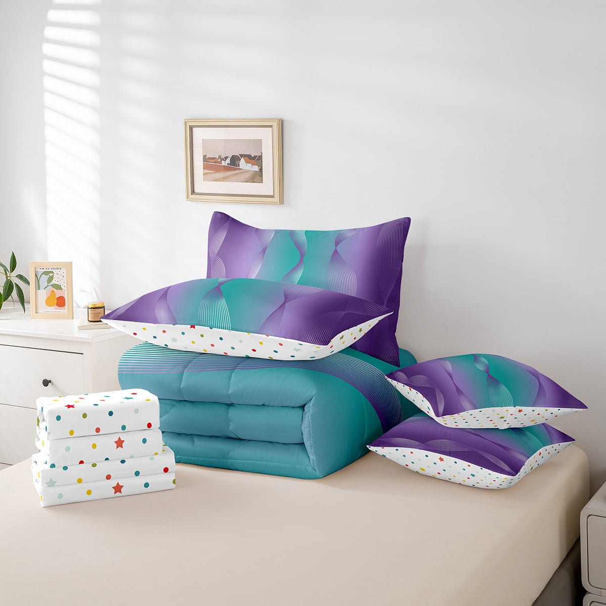 Gradient Teal and Purple Bed in a Bag Queen Comforter Set 7 Piece,Silver  Foil Print Wave Striped Bedding Sets Abstract Ombre Art Sheet Set with ..., image size:1200x1200