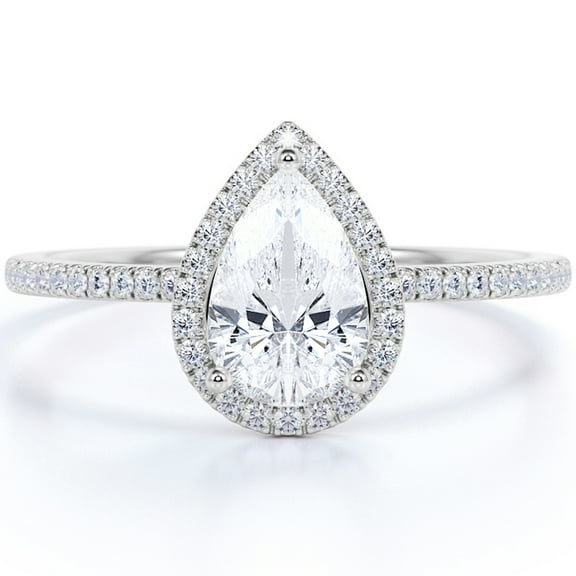 JeenMata 1.25 Carat Pear Shape Moissanite Halo Engagement Ring in 18k White Gold over Silver