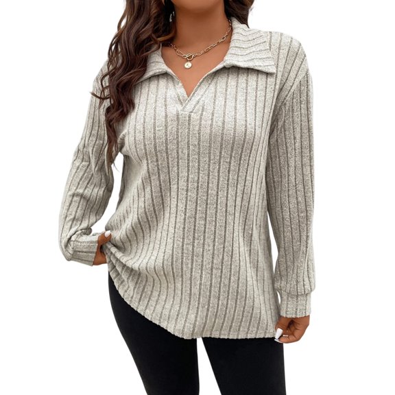 Summer Sweaters for Women V Neck Collared Long Sleeve Knit Tops Plus Size Curved Hem Pullover Sweater Trendy Lightweight Casual Loose Fit Top Beige 2XL