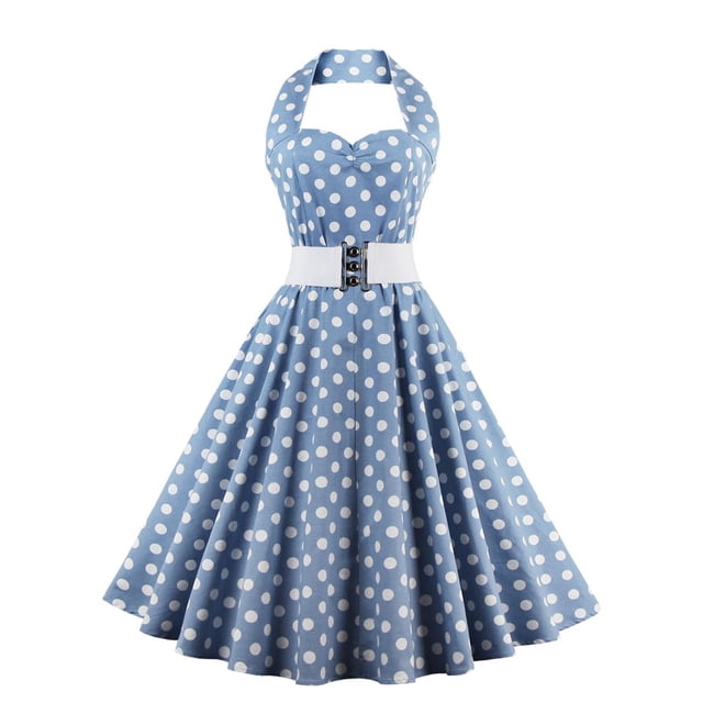 Vestidos Para Mujer Vestidos Casuales Sin Mangas Cuello Redondo Retro Estampado de Lunares Cinturón de Cintura Alta Cuello Halter Vestido Sin Espalda Odeerbi ODB149633