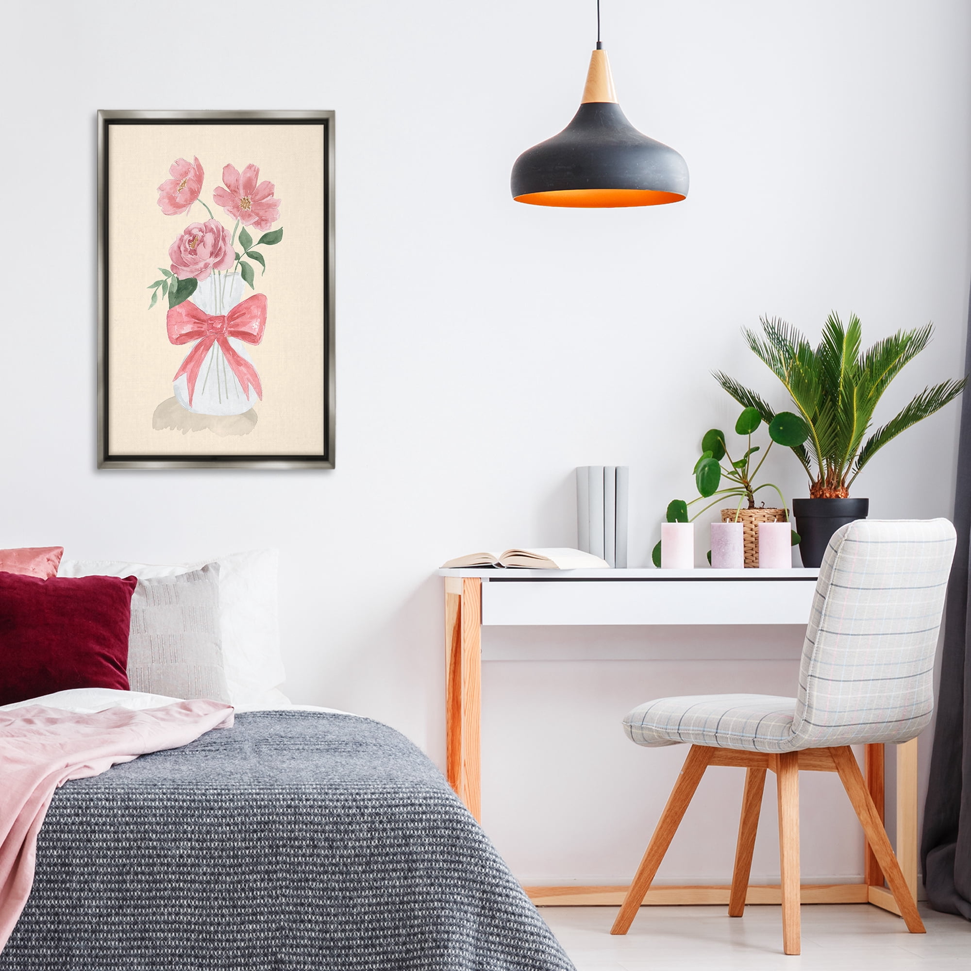 Stupell Industries Chic Vase Of Pink Plants & Flowers Painting Gray Floater Framed Canvas Art Print Wall Art, 21 x 31