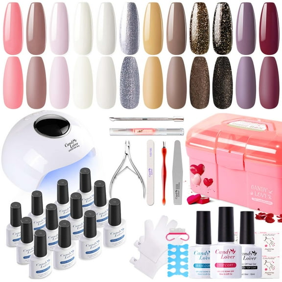 Candy Lover Gel Nail Polish Kit with UV LED Lamp, 12 Colors Classy Gel Polish Starter Kit, All-in-One Quick Dry Soak Off Nail Gel Manicure Kit with DIY Tools Valentine Gift for Women