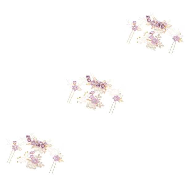 Qarigey 4 piezas de peinetas de flores de boda conjunto elegante hermoso tocado de novia adorno de moda accesorio de joyería púrpura Type1 NO1