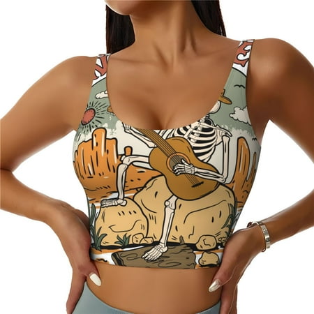 Qokaie Skeleton Cowboy And Guitar Pattern Womens Scoop Neck Sports Bra Breathable Workout Vest Padded U Back Medium Impact Fitness Gym Yoga Bra Workout Crop Top-Large