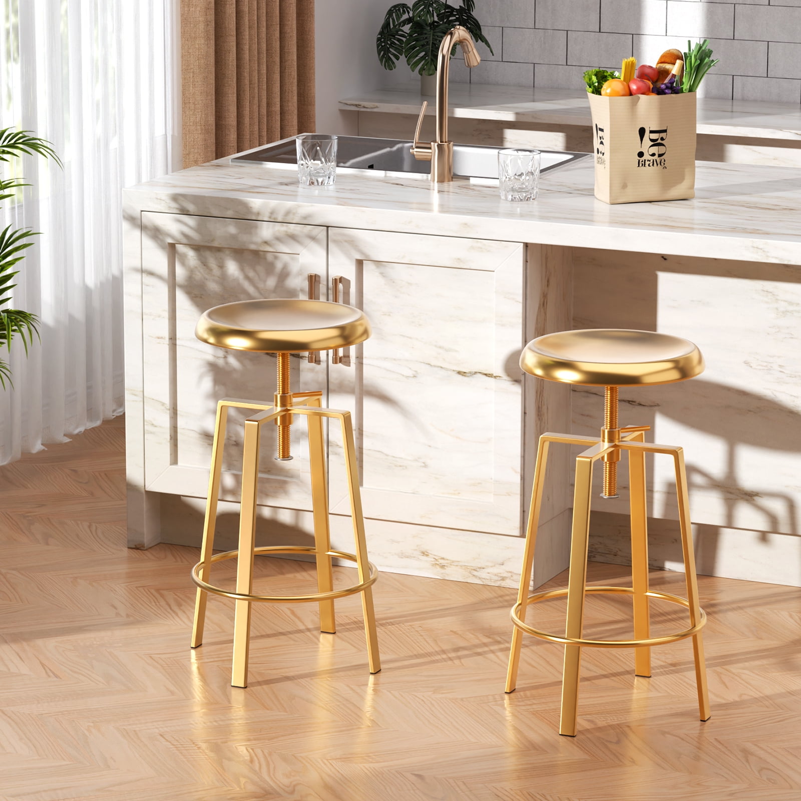 Industrial Bar Stools Set of 2, Metal Adjustable Swivel Four Legged Round Barstools, Atlas Backless Counter Height Bar Chairs for Kitchen Dining, Gold