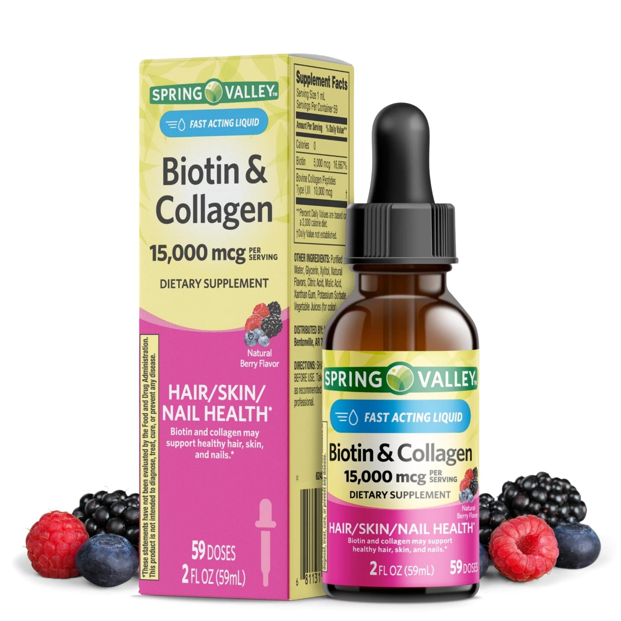 Spring Valley Biotin & Collagen Liquid, 2 fl oz, 15000 Mcg, Natural Berry Flavor