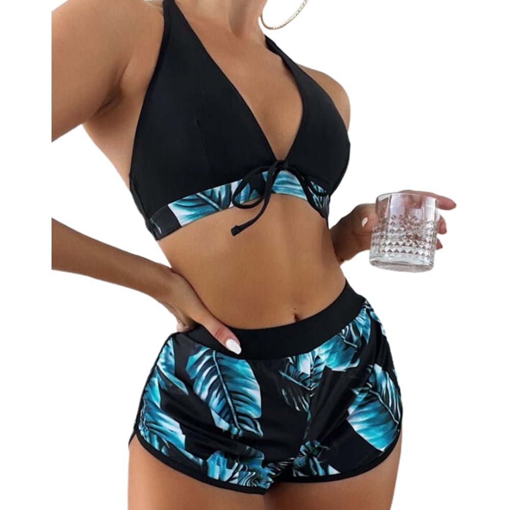 Magic Bra 2 Piece Solid Halter-top Tie+Side Hipster Bikini Swimsuit Brown Small