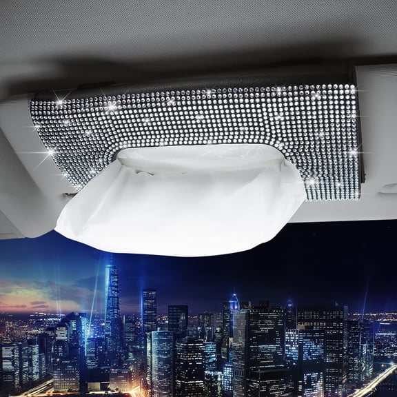 OTOSTAR Bling Bling Car Sun Visor Tissue Box Mask Holder, Pure Handmade Crystal Auto Napkin Box Holder PU Leather Backseat Paper Towel Box with 1 Tissue Refill (White)