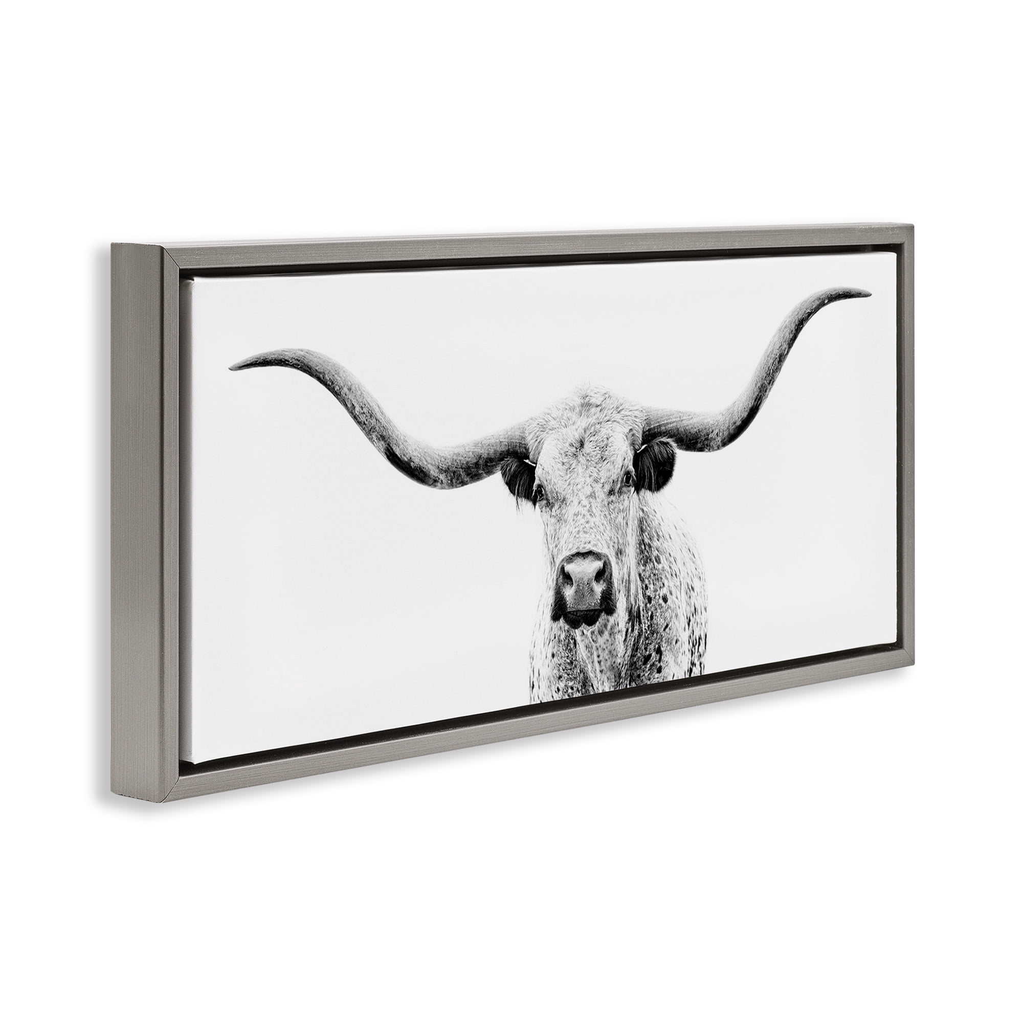 Stupell Industries Modern Longhorn Cattle Gazing Animals & Insects Photography Gray Floater Framed Canvas Art Print Wall Art, 31 x 14