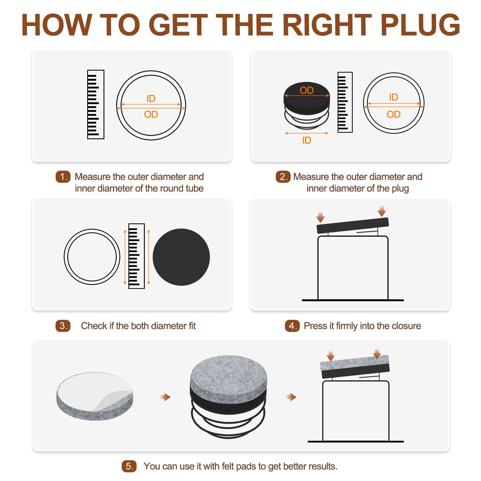 8 Pack Round Plastic Plugs with Furniture Felt Pad, 80mm/3.15" Tubing End Caps Furniture Leg Inserts for Metal Tubing Chair Table Legs
