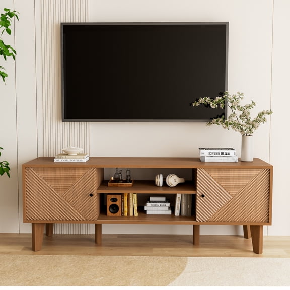 TV Stand for 55 Inch TV, TV Console Table Media Cabinet with Storage and Sliding Doors, Small TV Stand for Living Room Furniture and Bedroom,Walnut