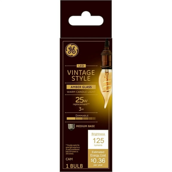 GE Lighting 36494 LED Vintage Light Bulb, Candle, Warm White, Amber Bulb, 125 Lumens, 3-Watt